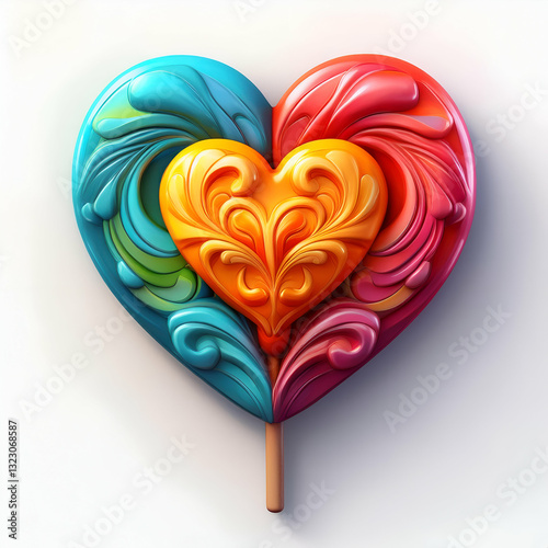 A Vibrant Heart-shaped Lollipop, Bursting With Swirling Colors And Intricate Patterns, A Sweet Symbol Of Love And Joy On A Plain White Background
