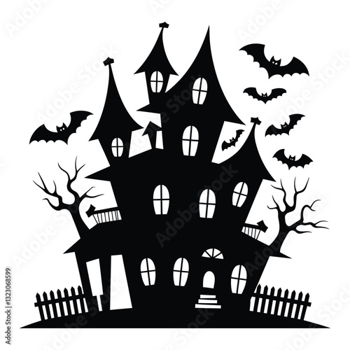 Halloween haunted house Silhouette, Vector, Icon, Logo, White Background.