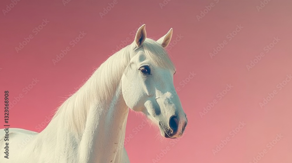 Obraz premium high key shot of a white horse against a pink-black gradient background, emphasizing elegance and contrast.