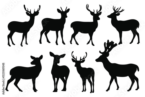  Deer silhouettes set isolated flat vector illustration on white background.