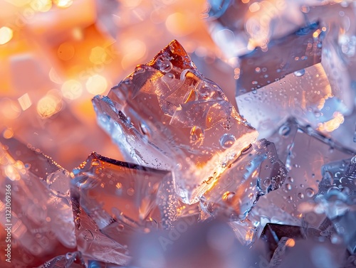 Abstract close-up of ice cubes with warm and cool contrasting lighting