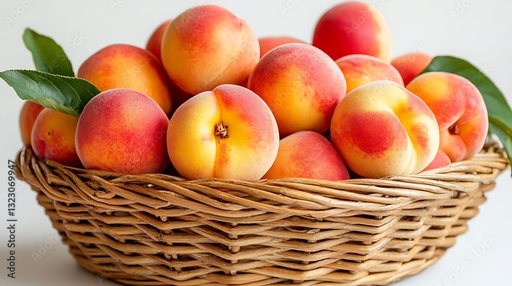 Fresh peach harvest in a basket fruit photography indoor setting Fresh peach harvest in a basket fruit photography indoor setting