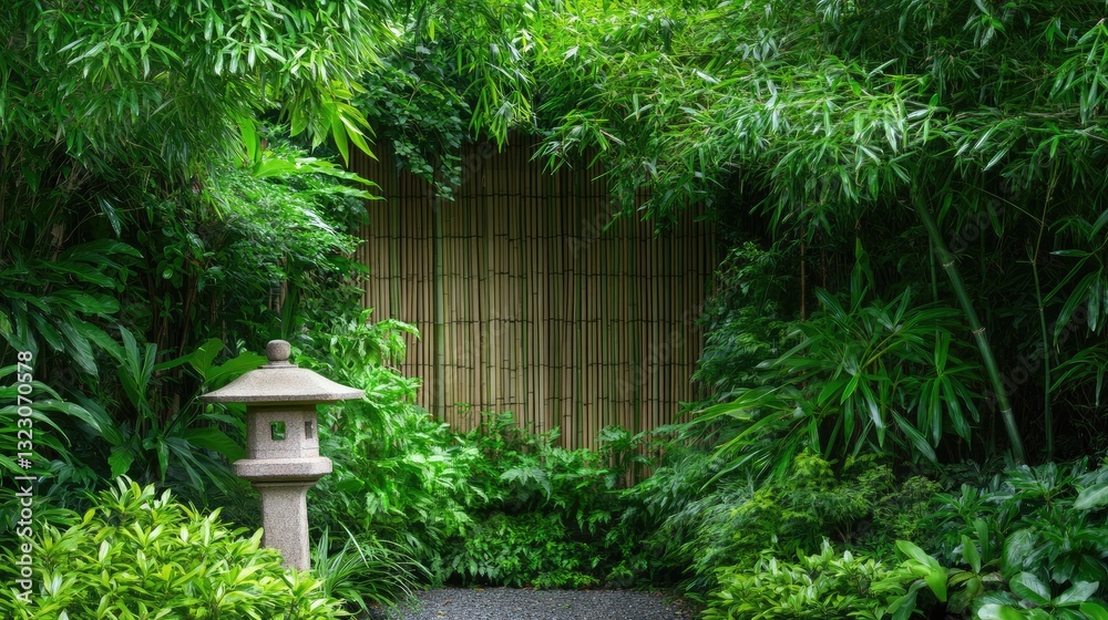 Serene Bamboo Garden with Lantern and Lush Greenery Surroundings Serene Bamboo Garden with Lantern and Lush Greenery Surroundings