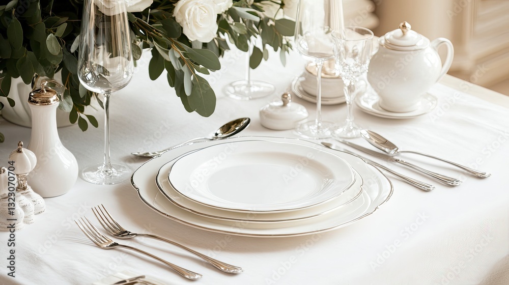 Elegant Table Setting with White Dinnerware and Fresh Flowers Elegant Table Setting with White Dinnerware and Fresh Flowers