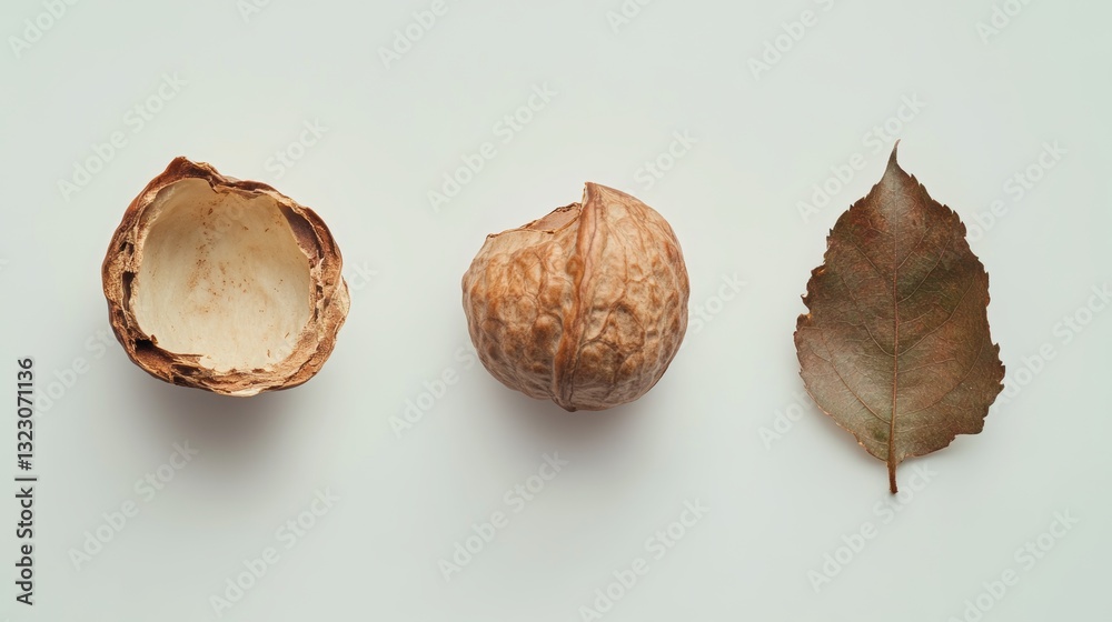 three hazelnuts on white background: one cracked open, another with a leaf. three hazelnuts on white background: one cracked open, another with a leaf.