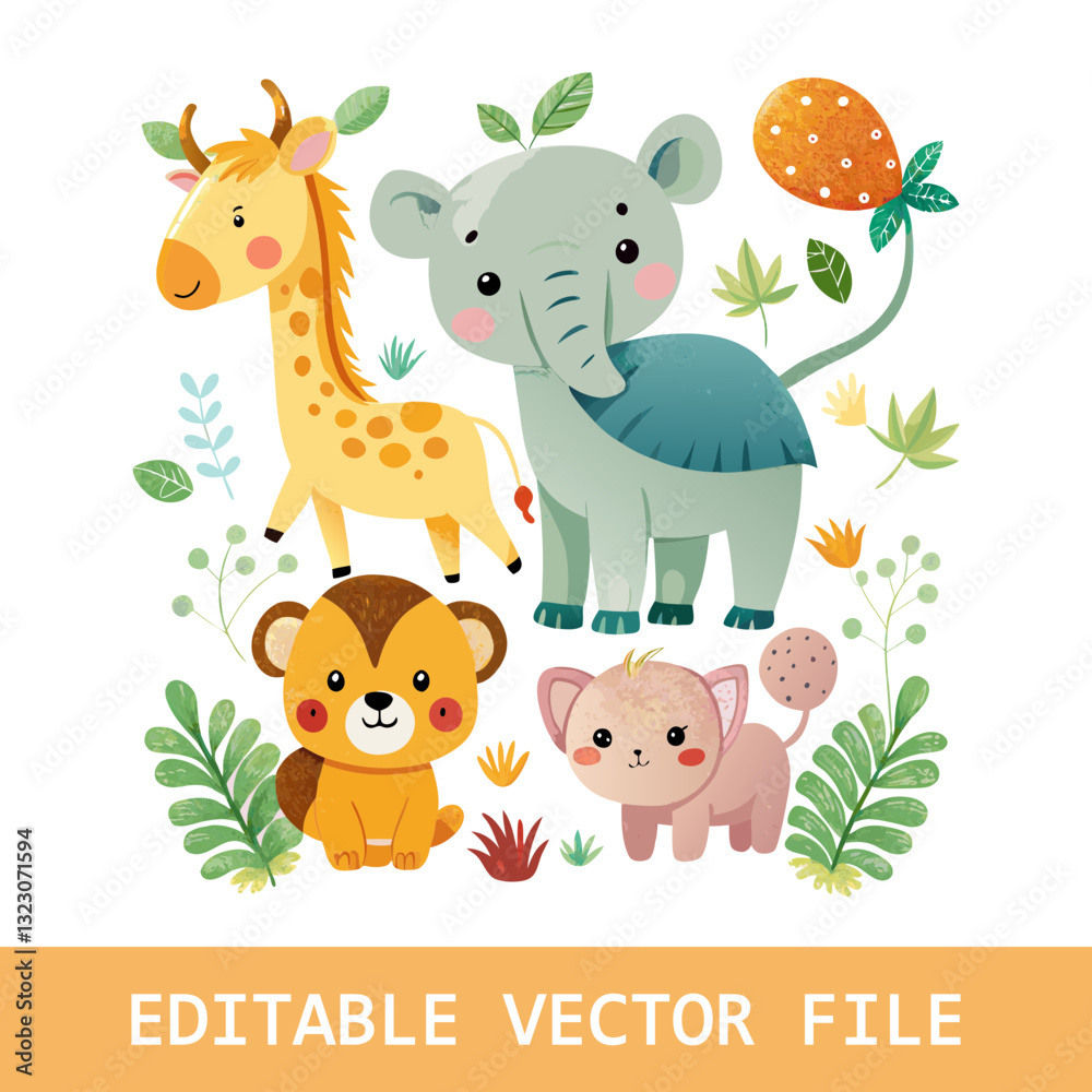 Fototapeta premium Cute giraffe peeking out from behind tropical leaves, surrounded by bright flowers and a soft rainbow. Watercolor clipart illustration