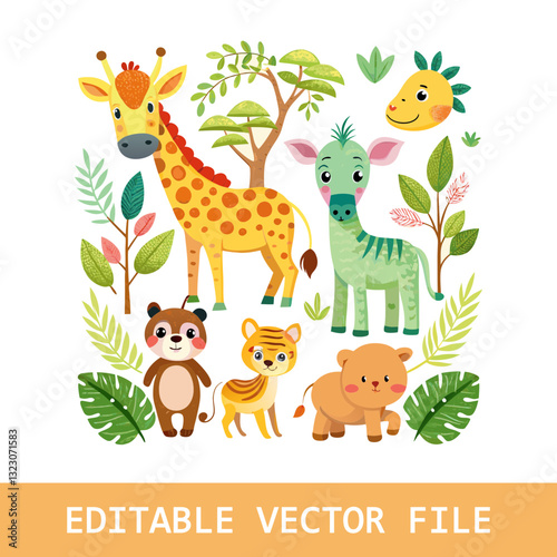 A collection of vibrant wild baby animals clipart with wildlife illustrations. Perfect for safari-themed and pet designs for kids, offering a modern cartoon bundle