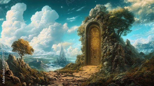 Golden Doorway To A Fantasy Realm With A Distant City