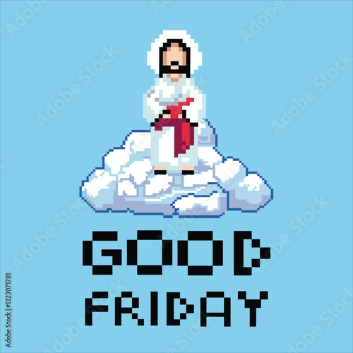 Pixel Art Good Friday Jesus Ascension on Cloud in Retro Religious Illustration