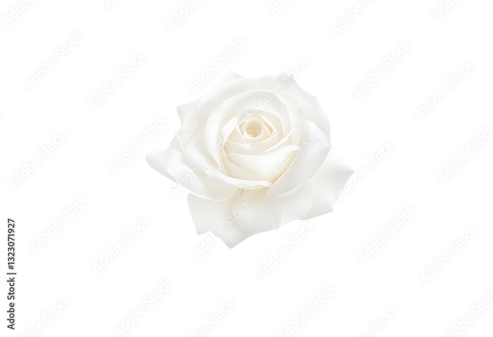 Fototapeta premium A white rose blossoms with soft, smooth petals isolated on white background