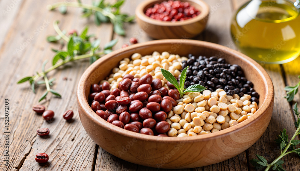Diverse beans in a ceramic bowl on rustic table, culinary variety Diverse beans in a ceramic bowl on rustic table, culinary variety
