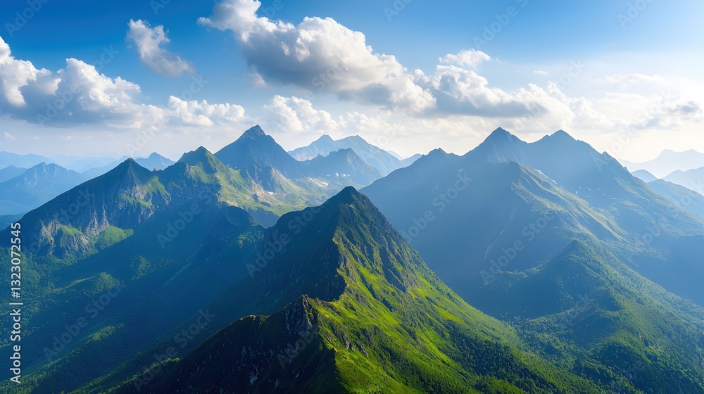 Fototapeta premium Serene Mountain Range Under Bright Blue Sky with Fluffy Clouds