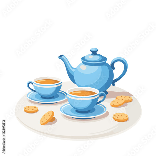 Elegant tea set with cookies on white tablecloth, afternoon delight