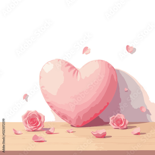 Soft heart-shaped pillow with rose petals on wooden table, maternal love