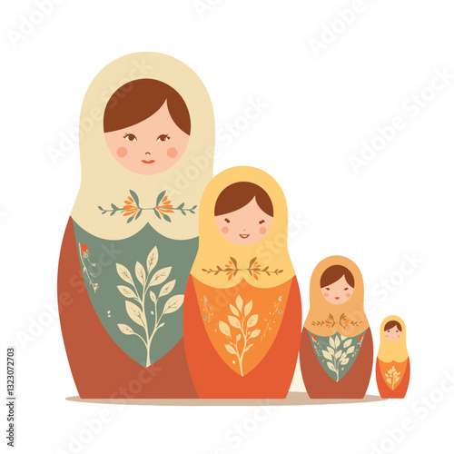 Nesting dolls representing generations of women in pastel colors, symbolism