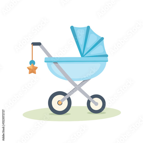 Modern baby stroller with geometric toy, playful simplicity