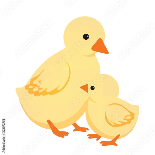Mother duck nurturing her chick on a white background, parental love
