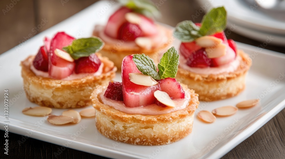 Delicious Strawberry Tartlets with Mint and Almond Garnish Delicious Strawberry Tartlets with Mint and Almond Garnish