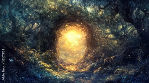 Enchanted Forest Path Leading To A Golden Light