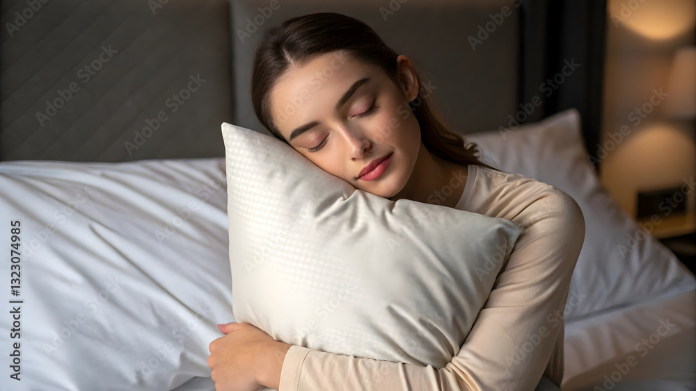 young woman sleeping well on bed and hug pillow young woman sleeping well on bed and hug pillow