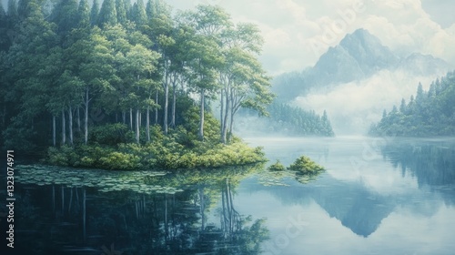 Serene Lakeside Forest With Misty Mountains
