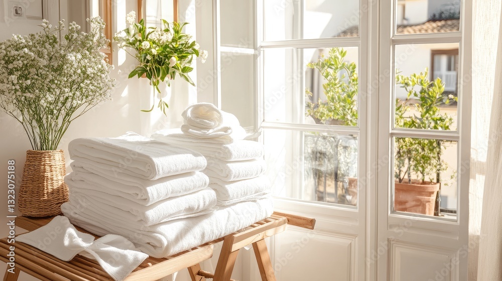 Obraz premium Bright and Cozy Bathroom with Fresh Towels and Natural Light