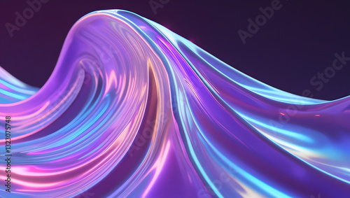 Gradient design element for backgrounds, wallpapers, posters and covers. Abstract fluid holographic iridescent purple curved wave in dark background 3d render. 