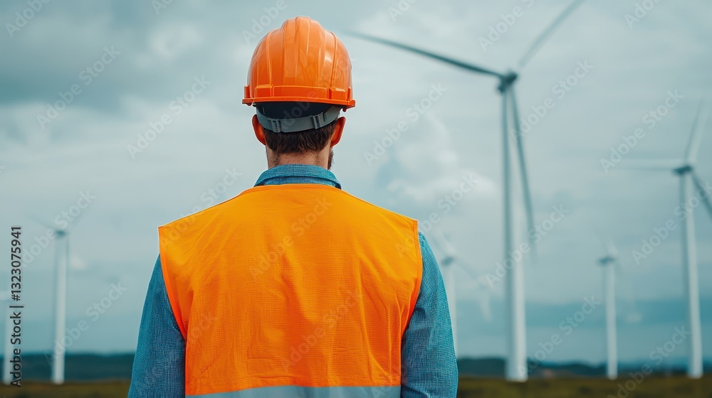 Worker in Orange Vest and Helmet Observing Wind Turbines in Field Worker in Orange Vest and Helmet Observing Wind Turbines in Field