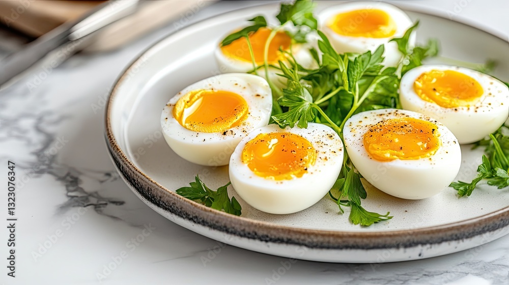 Freshly Prepared Soft-Boiled Eggs with Parsley on Marble Plate Freshly Prepared Soft-Boiled Eggs with Parsley on Marble Plate