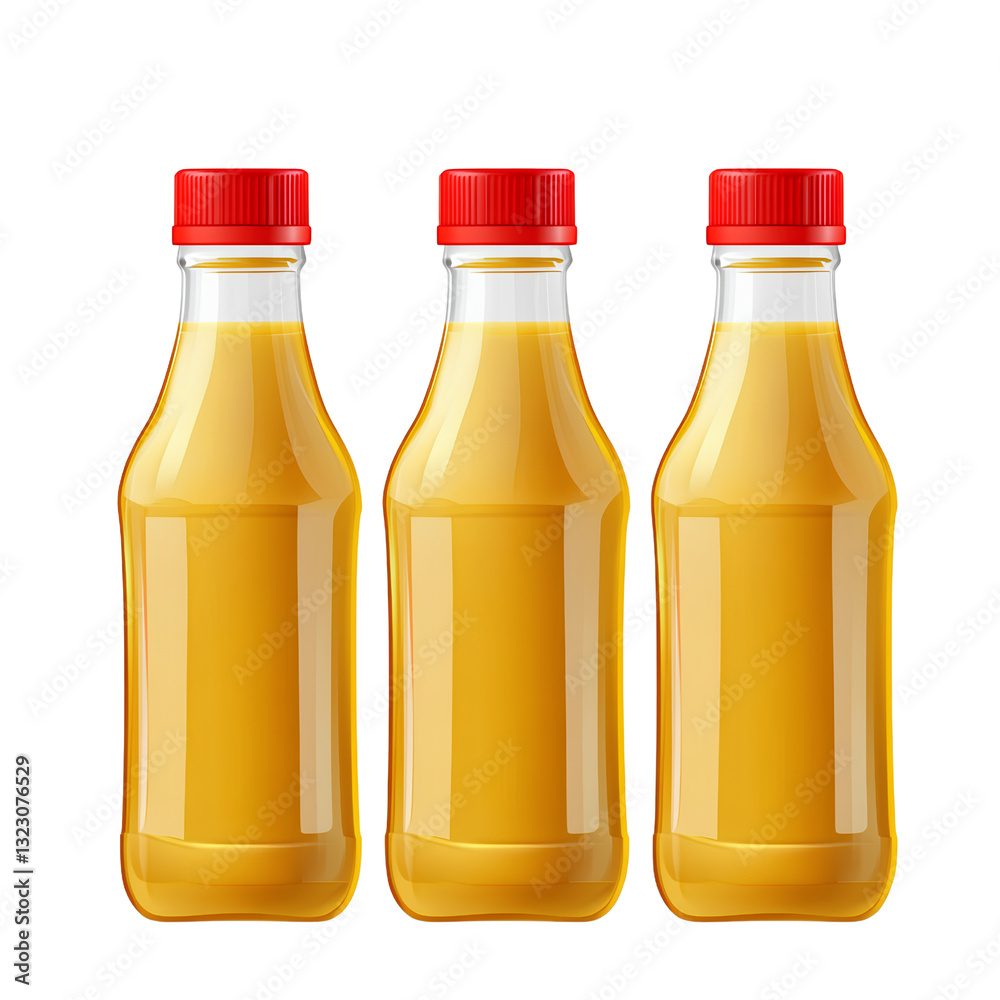 3 yellow mustard bottles with red caps, front view isolated on a transparent background 3 yellow mustard bottles with red caps, front view isolated on a transparent background