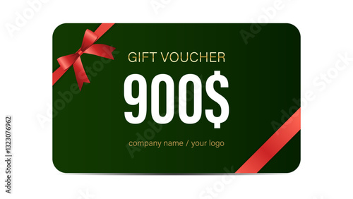 Luxurious $100 to $1000 Gift Card Voucher Design with Elegant Gold and Red Ribbon, Premium Discount Coupon, Stylish Template for Shopping, Rewards, Special Offers, and Holiday Promotions.