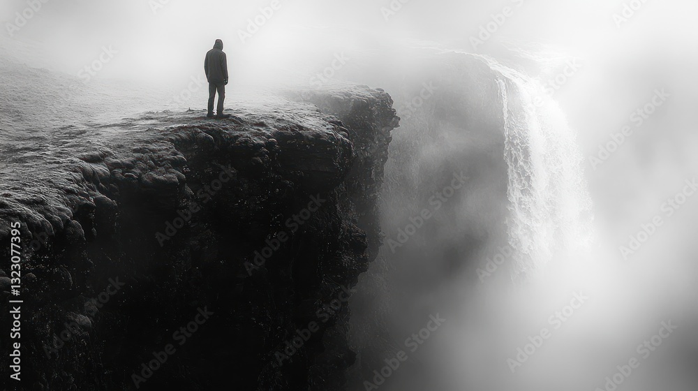 Obraz premium Solitary figure overlooking misty waterfall.