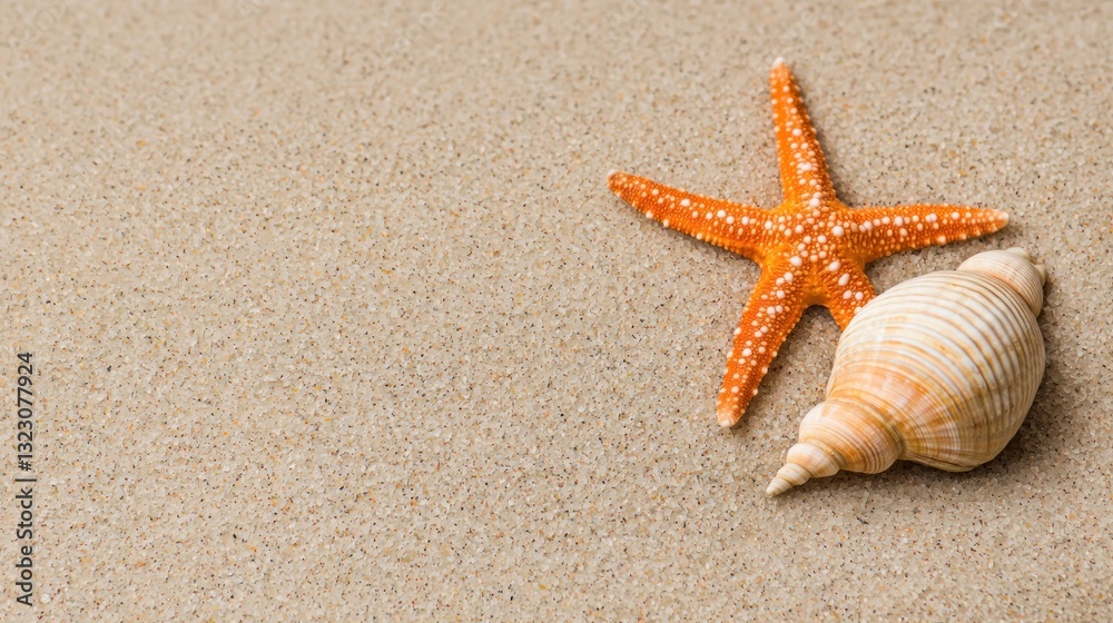 Artistic still-life of a seashell and starfish on sand, natural light Artistic still-life of a seashell and starfish on sand, natural light