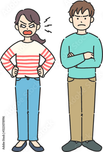 怒っている若い男女の全身イラスト
