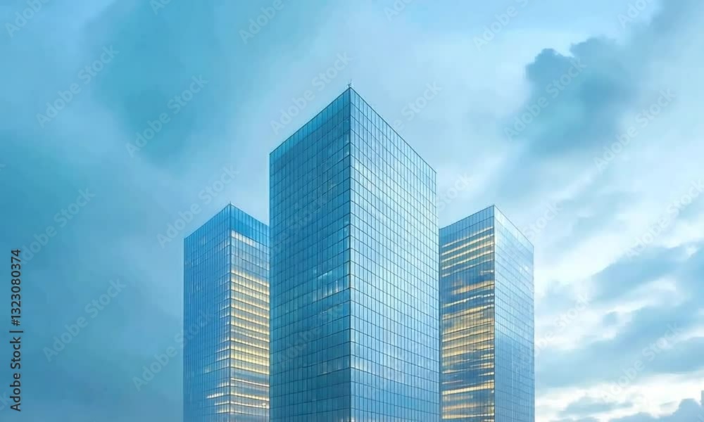 Futuristic Corporate Towers Merging in Glowing Reflection Futuristic Corporate Towers Merging in Glowing Reflection
