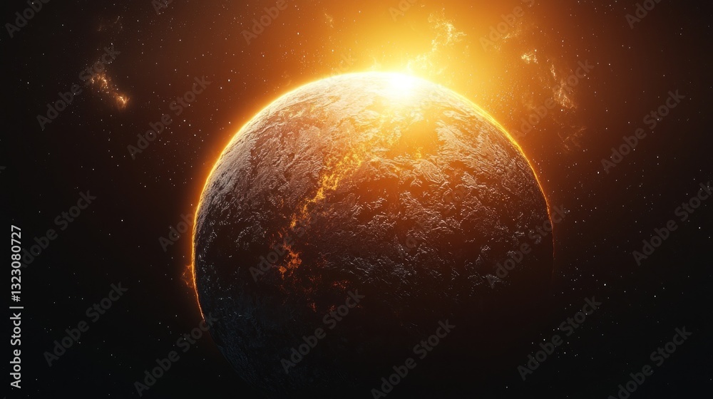 Naklejka premium Fiery sunrise over a textured planet in space.