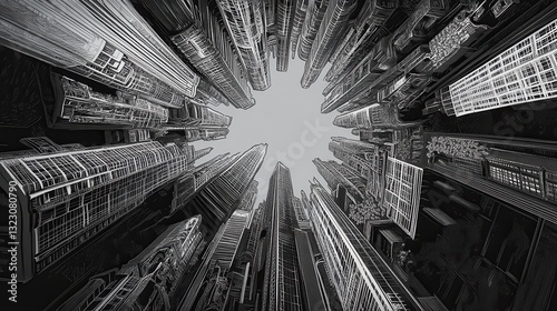 Monochrome Sketch of City Skyscrapers Reaching for the Sky