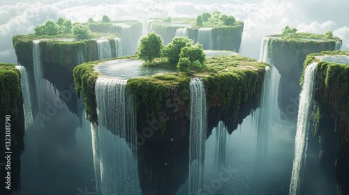 Floating Islands Cascading Waterfalls Enchanting Landscape