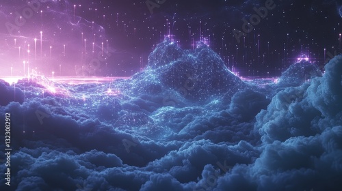 Digital Mountain Range Above Cloudscape at Night