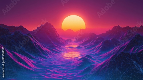 Neon Sunset Over Wireframe Mountains And Valley