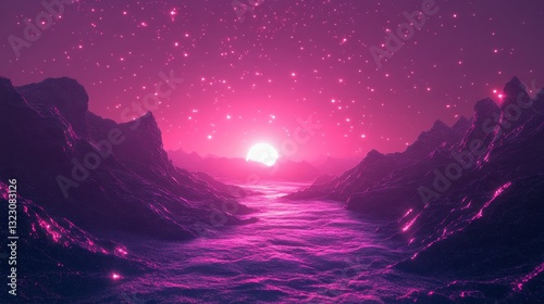 Pink Alien Planet Sunset Over Mountains