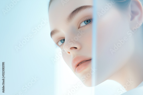 Ethereal futuristic portrait of a woman with soft lighting  
