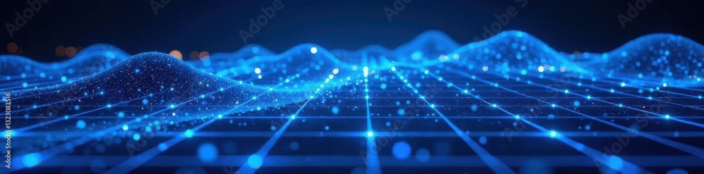 Obraz premium Glowing blue grid sparks, dynamic futuristic landscape, design, reality, illustration