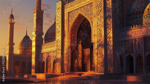 Golden Mosque Entrance at Sunset Majestic Architecture