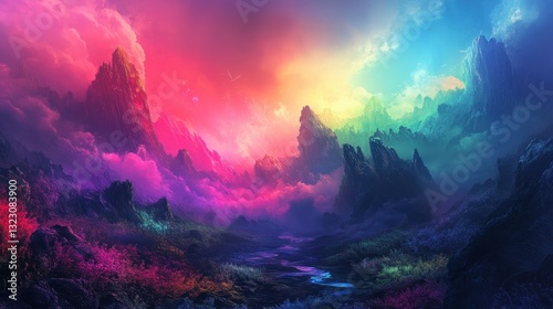 Vibrant Rainbow Hues Across a Fantasy Mountain Range