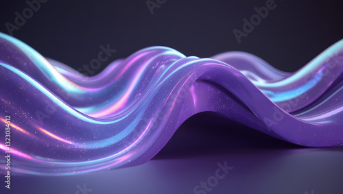 Gradient design element for backgrounds, wallpapers, posters and covers. Abstract fluid holographic iridescent purple curved wave in dark background 3d render. 