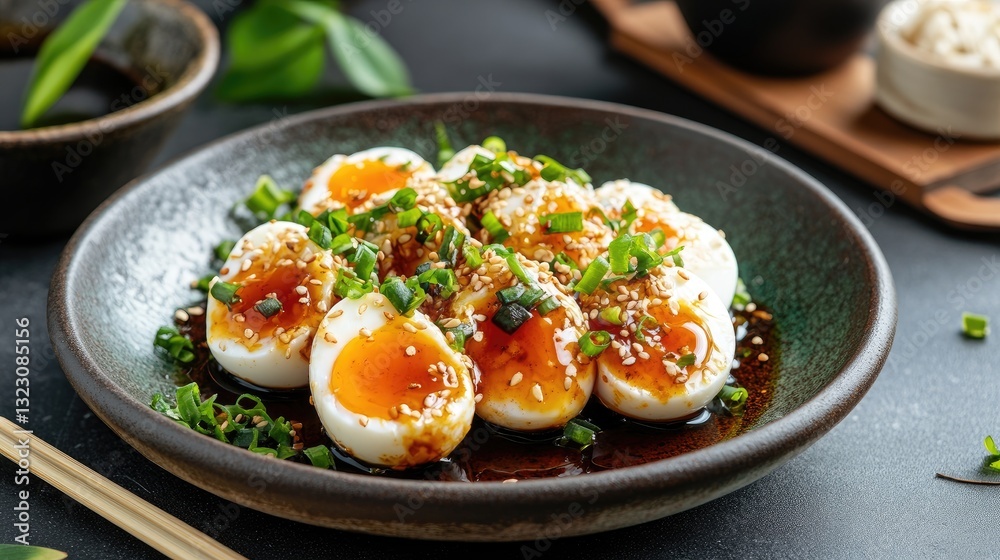 Soft Boiled Eggs in Soy Sauce with Green Onions and Sesame Seeds