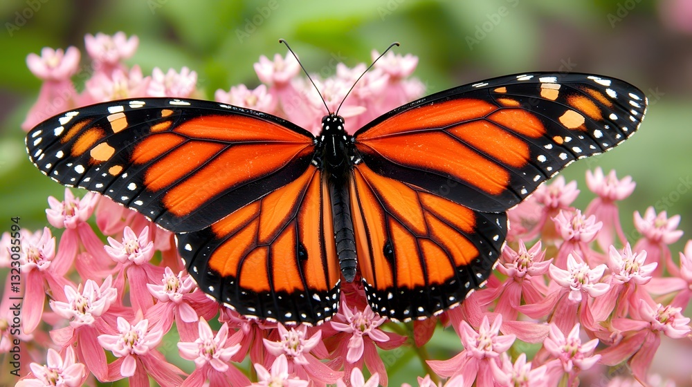 Fototapeta premium Vibrant Monarch Butterfly on Pink Milkweed Flowers in Nature