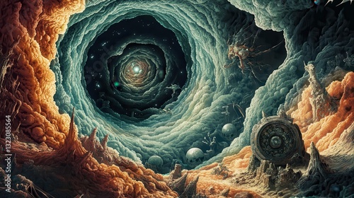 Surreal Landscape With Swirling Clouds and Alien Structures