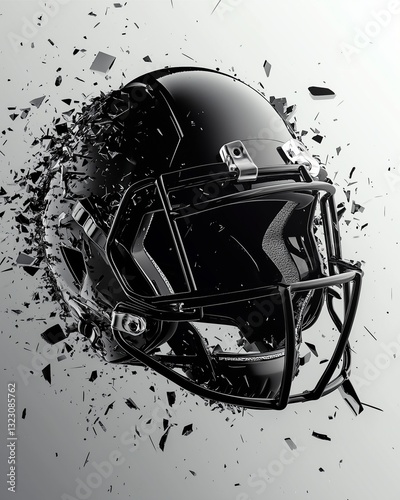 Shattered Victory: A dynamic rendering of a football helmet exploding into fragments, symbolizing the intensity of the game